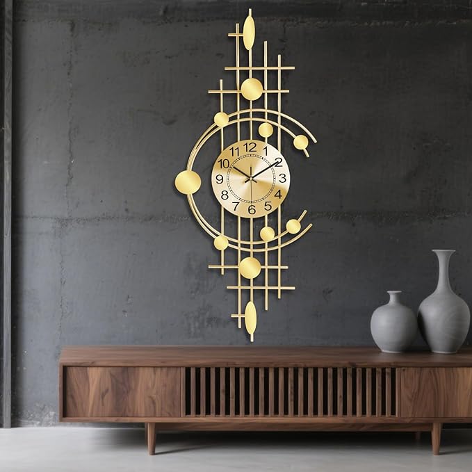 Wall Clock for Living Room, Silent Quality Quartz Battery Operated, Golden Metal Decorative Large Wall Clock for Kitchen,Home,Bathroom,Bedroom Home Decor,14.6x36.3inch