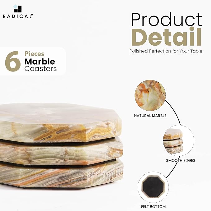 Radicaln Green Onyx Marble Coasters Set of 6 Handmade 3.5" Inch Star Coasters for Drinks, Ideal Coaster Set for Dining & Coffee Tables