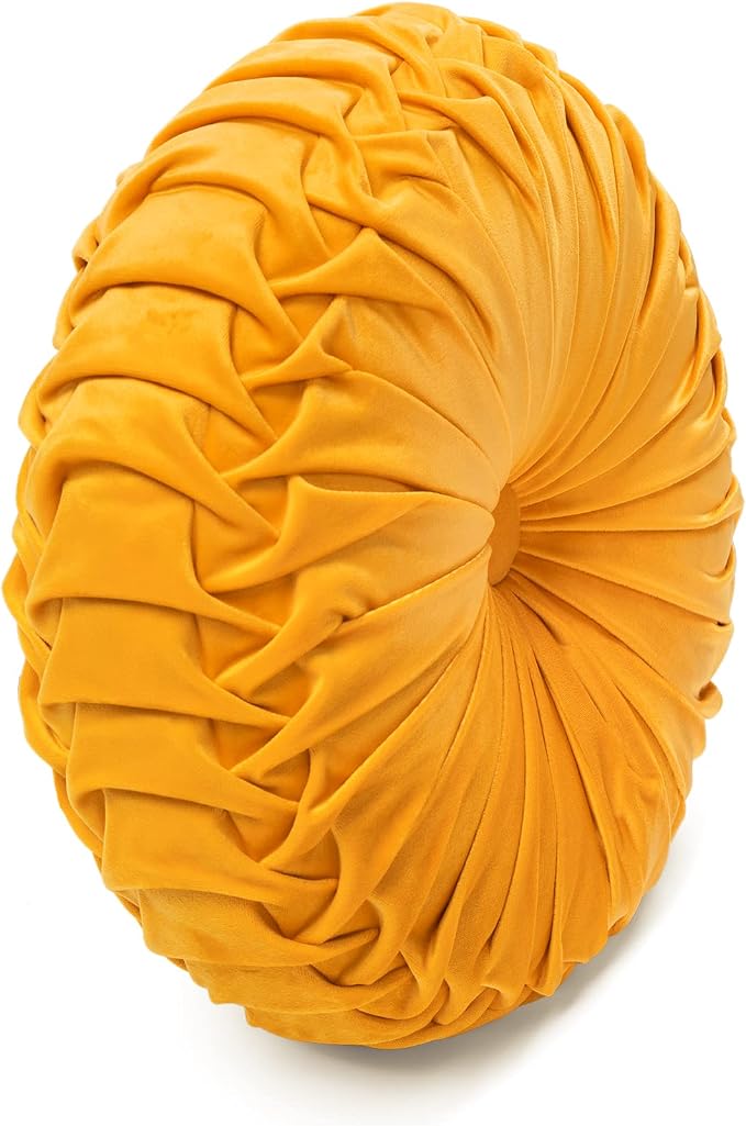 Lush Decor Round Pleated Soft Velvet Decorative Throw Pillow, 1 Count, 15" Diameter, Yellow - Plush Round Pillow, Seat Cushion, Decorative Pillows For Bed, Couch, Or Chair