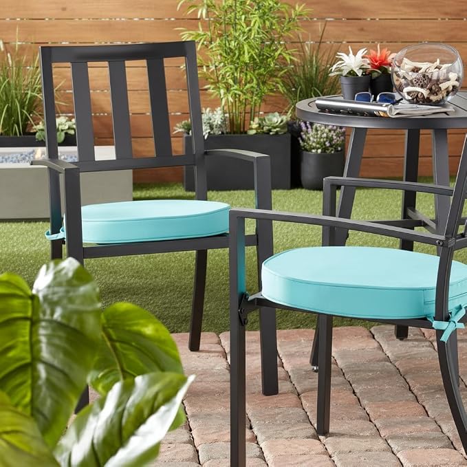 Set of 2 Outdoor 18 inch Round Patio Dining Chair Pads – Comfortable Fiber-Filled Seat Cushions with Ties, Reversible Polyester Fabric, Teal