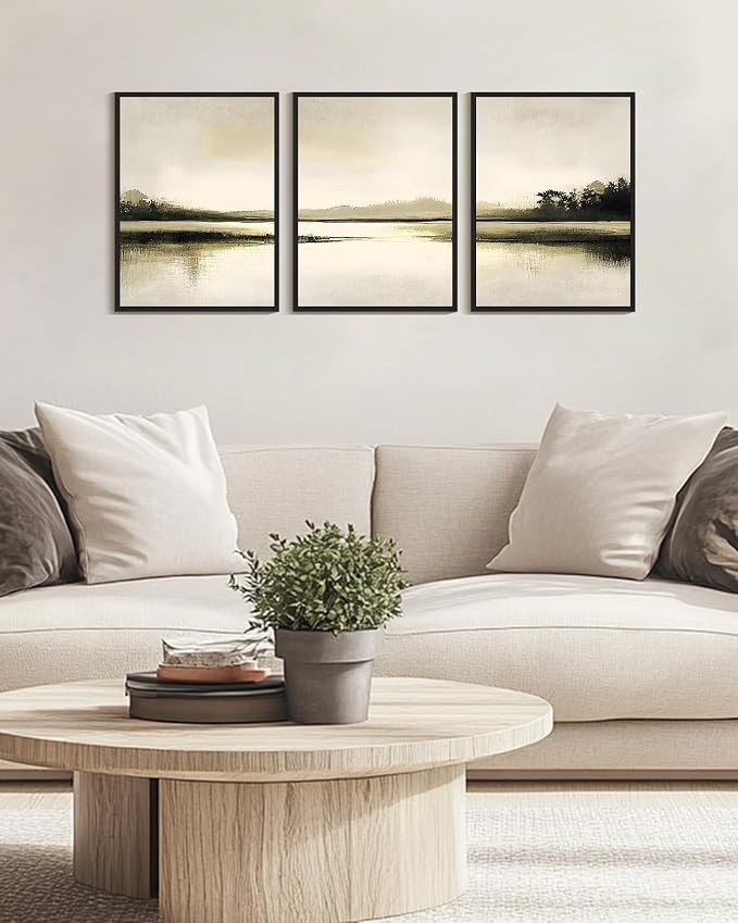 PHOPAGO Abstract Lake Landscape Framed Wall Art Watercolor Nature Wilderness Paints Nordic Neutral Tan Illustration Decorative - 12x16in Black Framed