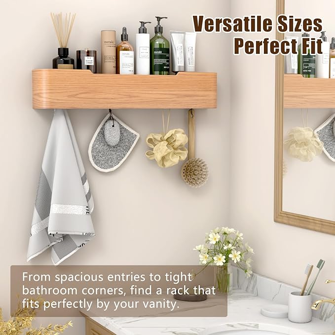 Coat Rack Wall Mount with Hidden Hooks, Wall Hooks with Shelf, Wall Key Holder Mount Wooden Shelf Entryway Hooks for Bedroom Bathroom for Hanging Coats Hats Bags Towels (Oak, 4 Hooks)