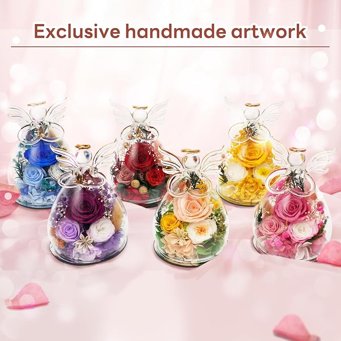 for Mom - Preserved Rose Forever Flower in Glass Angel Figurines, Real Rose Birthday Gifts for Women Grandma Wife, Anniversary Fresh Flower Delivery from Daughter Son