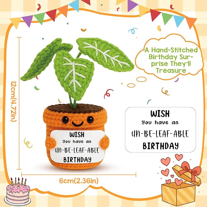 Unique Birthday Gift for Girlfriend Boyfriend Women Friend Crochet Plant Decor with Unbeleafable Birthday Card Handmade Valentines Potted Plush Funny Office Gift for Her Him
