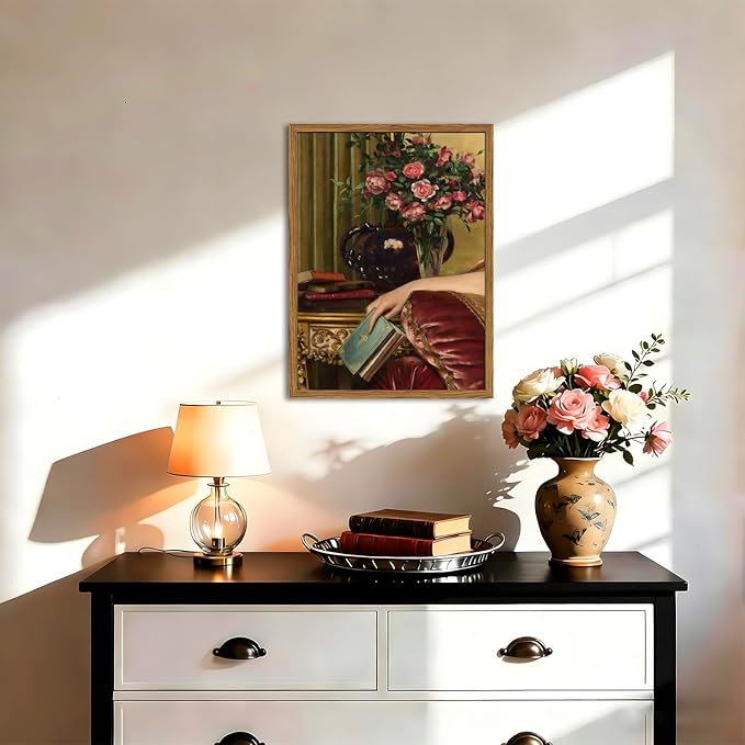 Framed Vintage Wall Art, Moody Victorian Wall Decor Paintings, Mid Century Modern Antique Book Woman Still Life Canvas Prints Pictures Home Decor Aesthetic for Living Room Bedroom Bathroom 12x16 inch