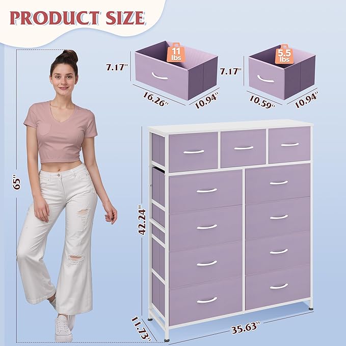 WLIVE Storage Organizer Unit with 11 Fabric Bins, Storage Drawers Organizer with Steel Frame, Tall Storage Tower Organizaton for Living Room, Hallway, Office, Purple