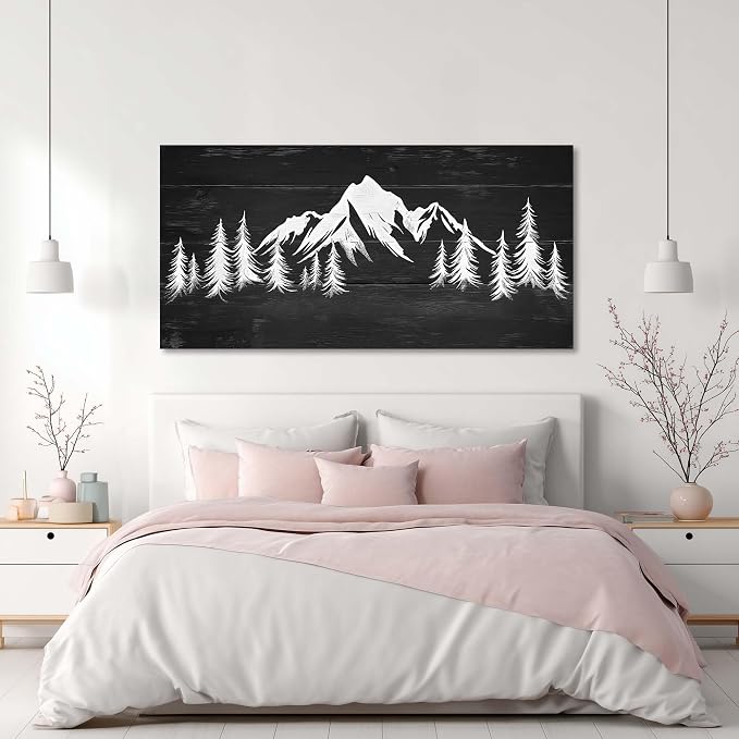 Ggaafet Black and White Mountain Forest Wall Art for Living Room Canvas Painting Prints Retro Wood Rustic Landscape Art Deco Vintage Nature Artwork Office Bedroom Farmhouse Dining Room Decor Large