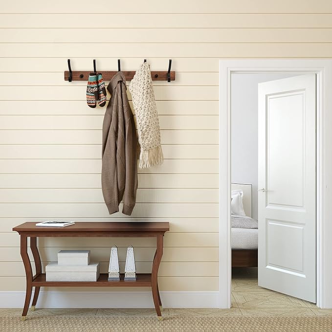 Coat Rack Wall Mounted, Heavy Duty Walnut Wood Hook Rack Rail with 5 Double Dual Metal Wall Hooks for Hanging Coats, 19.7" Long Hanging Coat Hanger for Entryway, Bathroom, Bedroom (Black)