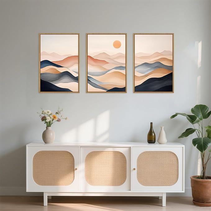 DRACIT Mimimalist Abstract Mountain Framed Canvas Wall Art Set,Earthy Toned Nature Landscape Wall Decor,Modern Watercolor Sunrise Artwork for Living Room, Bedroom,Office-16 x24 x3