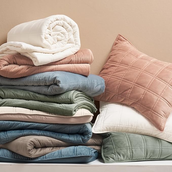 EverGrace 3 Pieces Luxurious Velvet Quilt Queen Size, Ultra Soft Bedspread Coverlet Set, Double Box Stitch Lightweight Velvet Comforter for All Season with 2 Shams, Sage Green, 92"x96"