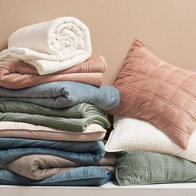 EverGrace 3 Pieces Luxurious Velvet Quilt Queen Size, Ultra Soft Bedspread Coverlet Set, Double Box Stitch Lightweight Velvet Comforter for All Season with 2 Shams, Beige, 92"x96"