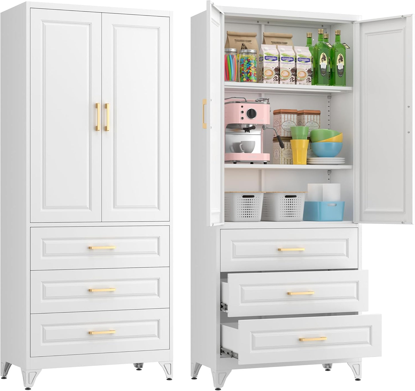 75" Kitchen Pantry Cabinet, Metal Storage Cabinets with Doors and Adjustable Shelves, White Tall Pantry Cabinet with 3 Drawers for Dinning Living Room