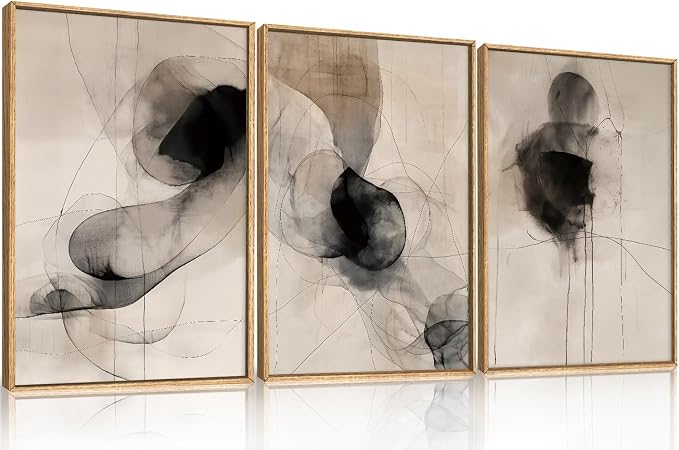 HPNIUB Abstract Beige Framed Wall Art Set,Neutral Black Ink Line Wall Decor,Boho Geometric Line Art Print,Watercolor Minimalist Textured Brown Artwork for Living Room,Bedroom,Office -16''x24''x3