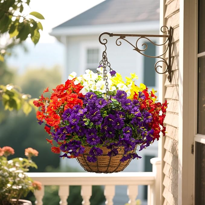 Grunyia Artificial Faux Flowers for Outdoor 16 Bundles Boxwood Fake Morning Glory for Planter,UV Resistant Fake Flowers for Home Porch Patio Outside (White,Yelow,Orange,Red,Purple)