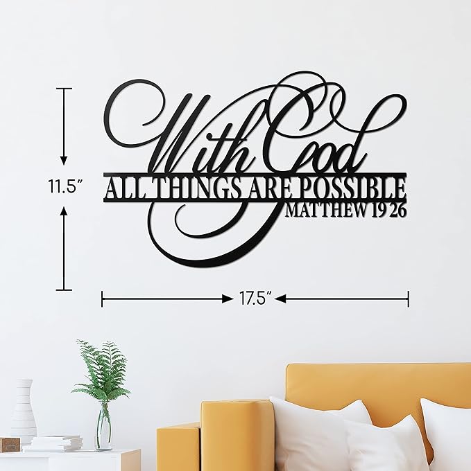Vivegate With God All Things Are Possible Sign Metal Wall Decor, 18"X12" Inch Religious Scripture Black Christian Bible Verses Everthing Is Possible with God Bibical Wall Hanging Decoration