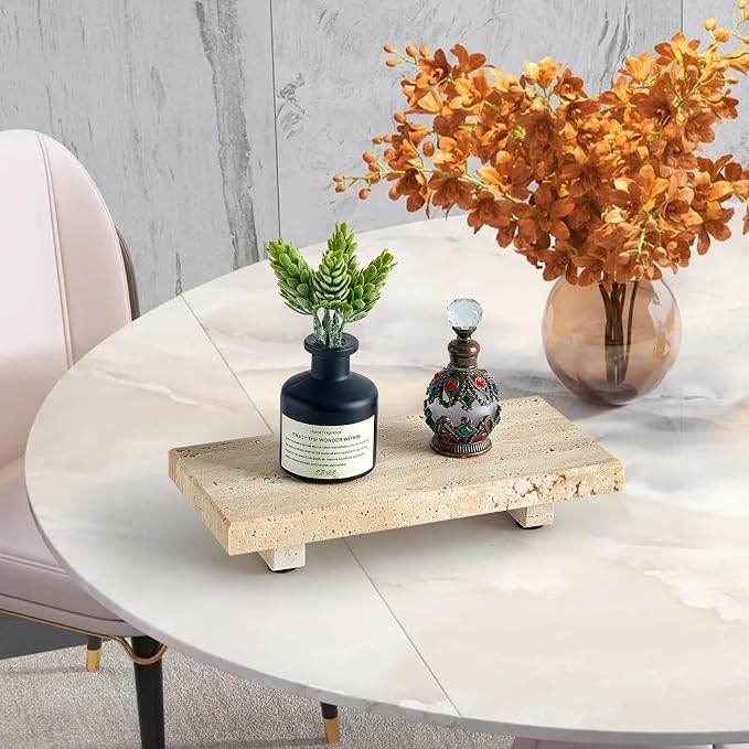 Natural Travertine Tray Pedestal Stand – Soap & Jewelry Riser for Bathroom Counter, Kitchen Sink, Vanity Organizer, Decorative Stone Catchall for Perfume, Candles