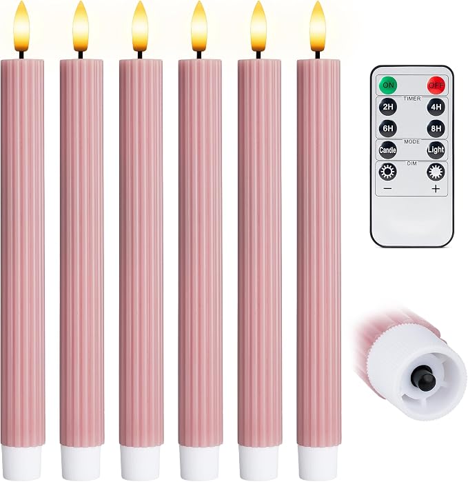 6 Pack, 10" LED Flameless Real Wax Dusty Rose Fluted Ribbed Grooved Taper Candles, Remote & 24h Timer Memory, On/Off Button, Dimmable, Flicker Mode, Battery Operated, Wedding