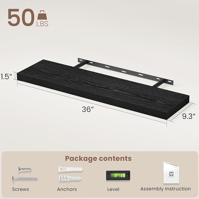 Vivelove 36 Inch Floating Shelves, Deep Wall Shelves with Invisible Brackets, Display Shlf for Bathroom Living Room Kitchen Bedroom Office Farmhouse Home Decor, 36" X 9.3" X 1.5" - Set of 2, Black