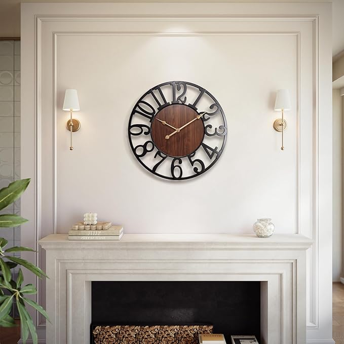 Vantic 24 Inch Large Wall Clock, Arabic Numeral Wood Oversized Wall Clocks for Living Room Decor, Farmhouse, Bedroom and Kitchen, Completely Silent, Non Ticking, Battery Operated
