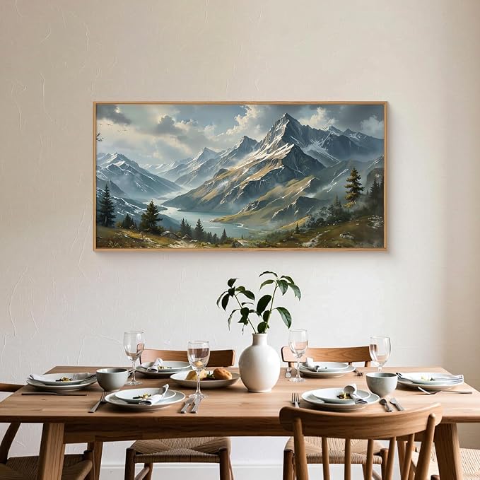Ausril Boho Mountain Ridge Framed Canvas Wall Art Set, Nature Woodland Landscape Wall Decor, Misty Cloud Forest Wall Painting, Pine Tree River Blue Art Print for Living Room, Bedroom, Office - 20"X40"