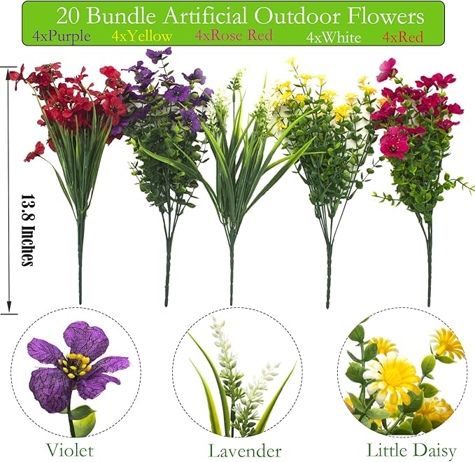 Grunyia 20 Bundles Artificial Flowers Outdoor No Fade UV Resistant Fake Plastic Flowers Faux Plants for Garden Patio Porch Window Box Home Wedding Farmhouse Hanging Décor