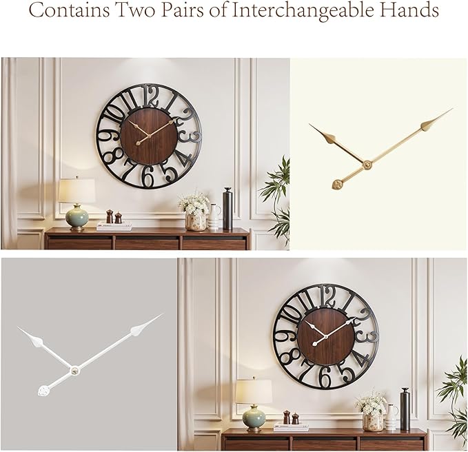 Vantic 32 Inch Large Wall Clock, Arabic Numeral Wood Oversized Wall Clocks for Living Room Decor, Farmhouse, Bedroom and Kitchen, Completely Silent, Non Ticking, Battery Operated