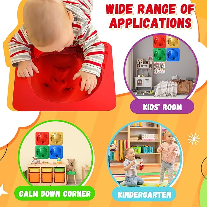 Geiserailie 4 Pcs Sensory Wall Mirror Acrylic Bubble Mirror Toys for Calming Corner Items - Sensory Room Have Visual, Tactile Stimulation (10 x 10 Inch,Red,Yellow,Green,Blue)