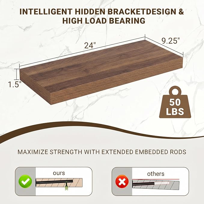 Acovy 24 Inch Floating Shelves, 24"x9.25"x1.5" Inch Deep Floating Shelves for Wall, Wooden Shelves for Bathroom, Bedroom, Living Room, Walnut, 2 Pieces