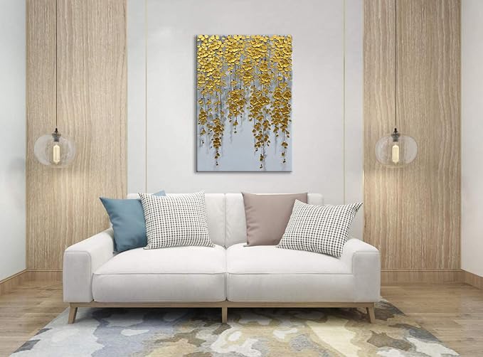 zoinart 3D Modern Oil Painting on Canvas Hand Painted Abstract Flower Paintings Gold Floral Artwork Texture Vertical Canvas Wall Art Contemporary Art