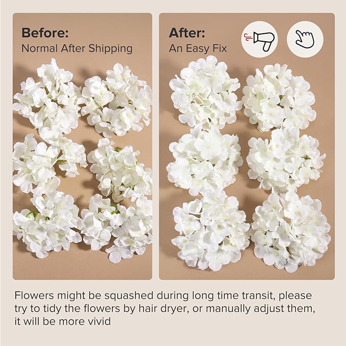 Auihiay 64 PCS Artificial Hydrangea Flowers, Silk Hydrangea Full Flowers Heads with Stems for Wedding Centerpieces, Home, Garden, Baby Shower, Party Decoration (Ivory)