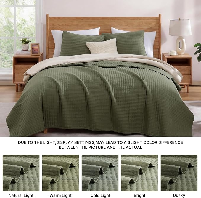 WRENSONGE Twin Quilt-2 Pieces Lightweight Bedspreads Olive Green Twin Quilt Bedding Set for All Seasons, Soft Summer Coverlet Suitable for Bed, Couch, Quilt Blanket