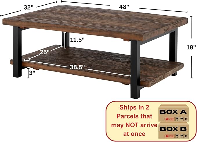 Alaterre Furniture Pomona Solid Wood Coffee Table, Rustic Brown, 48” | Large Rectangular Center Table with Storage Shelf and Metal Legs, Rustic Industrial Farmhouse Living Room Table