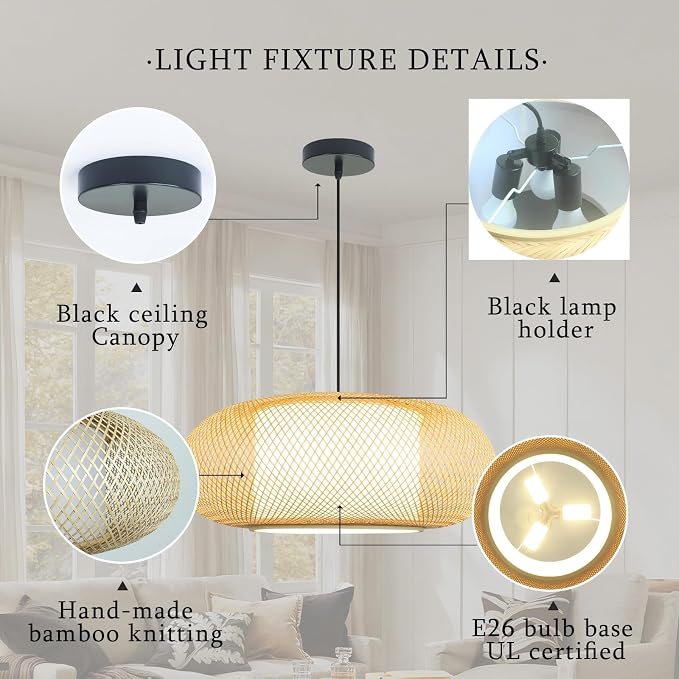 Bamboo Pendant Light 23" 3-Light japanese Light Living Room Dining Room | Farmhouse Boho Hanging Light Large Kitchen Island Antique Rattan Wabi Sabi Ceiling Light, Large Hotel, Homestay & Restaurant