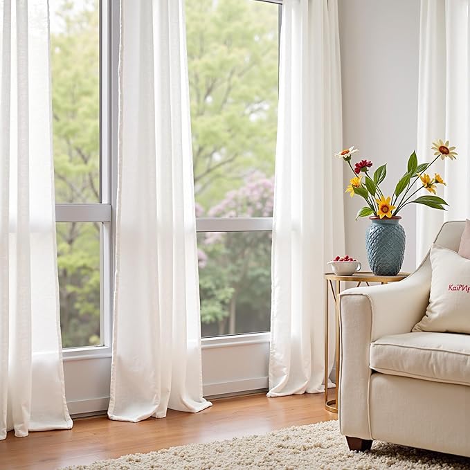 jinchan White Linen Curtain 96 Inches Long for Sliding Glass Door, Extra Wide 100 Inch Farmhouse Semi Sheer Ceiling Curtain Living Room Light Filtering Grommet Farmhouse Rustic Drape, 100"x96" 1 Panel