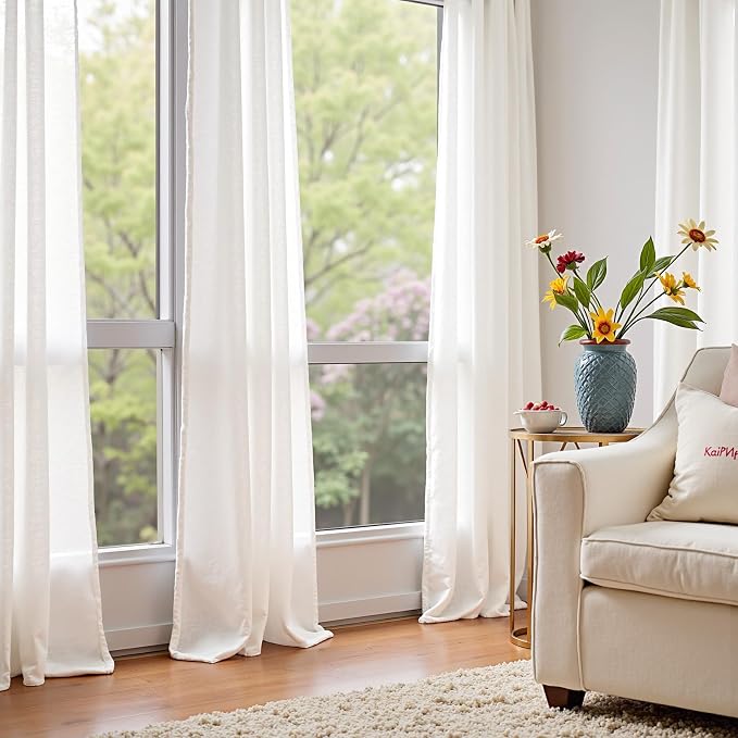 jinchan Linen White Curtain Extra Wide 100 Inch Large Window Curtain Light Filtering Semi Sheer for Patio Sliding Glass Door Rustic Farmhouse Drapes for Living Room Bedroom Sunroom 100x90 Inch