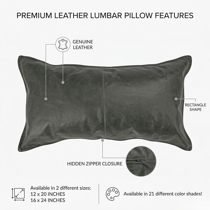 Genuine Leather Pillow Cover Case for Lumbar Throw Couch Pillows - Modern Farmhouse Decorative Sofa Thick & Soft Cushion Covers (Forest Green, 12" x 20")