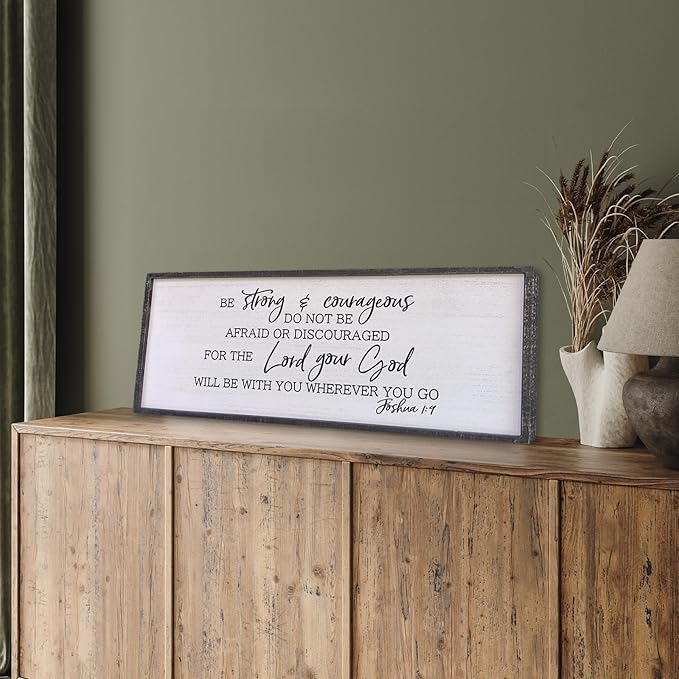 Be Strong And Courageous Sign Wall Decor 32"x12" Large Farmhouse Living Room Plaque Joshua 1:9 Bible Verse Inspirational Quote Positive Faith Home Hanging Rustic Catholic Scripture Christian Art (Black)