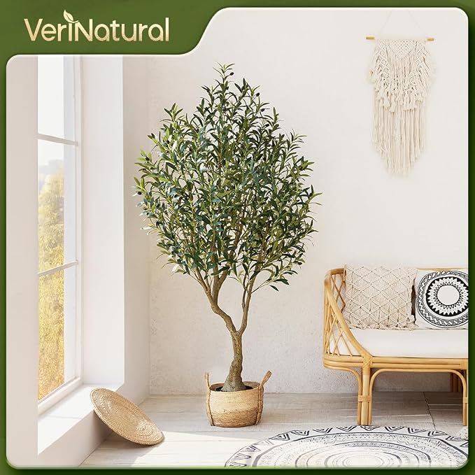 Artificial Olive Tree 6FT Fake Plants Indoor - UV Resistant Faux Olive Tree in Black Pot, Outdoor Tall Faux Silk Tree - Fake Trees for Modern Home Decor,Living Room, Office, Patio, Balcony, VN154