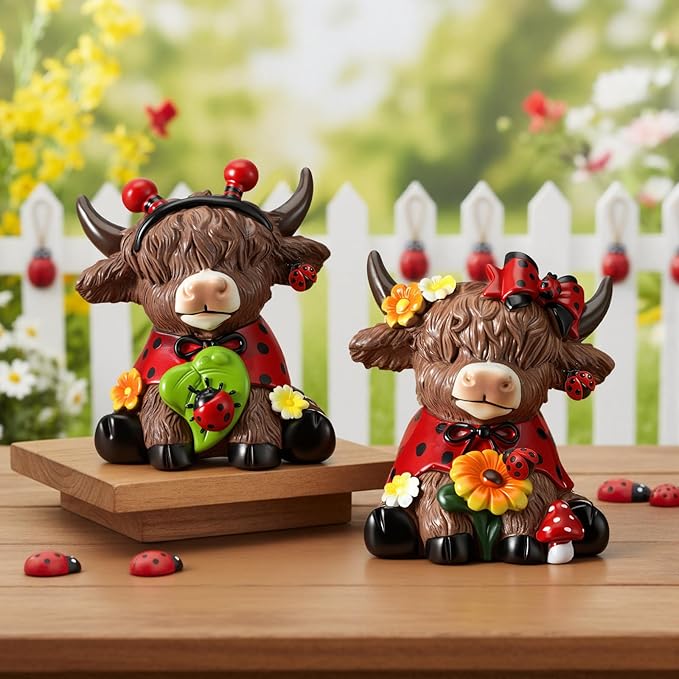 Karenhi 2 Pcs Spring Ladybug Highland Cow Figurines, Summer Ladybird Cute Resin Cow Decoration Statue Calf Gifts for Home Garden Kitchen Office Tiered Tray Table Decor