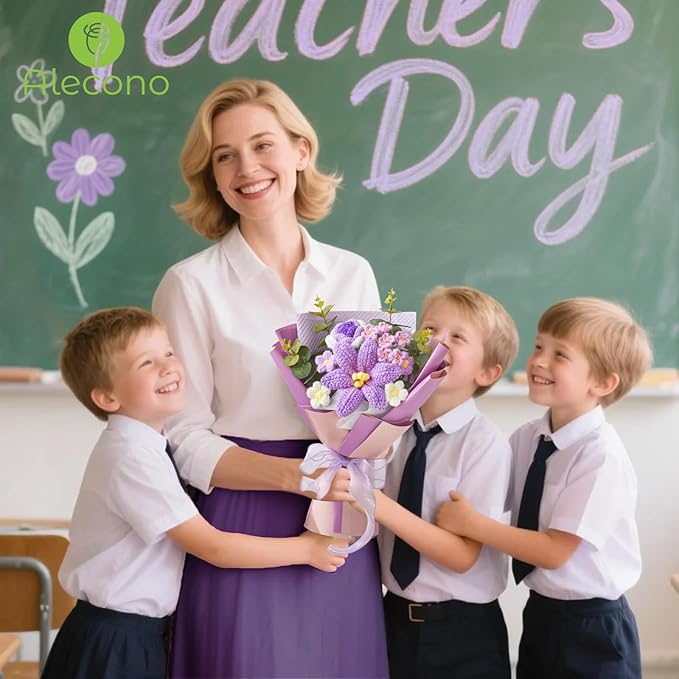 Alecono Crochet Flower Bouquet, Purple Knitted Flowers, Handmade Bouquet of Flowers for Lover Anniversary Birthday Party Mother's Day Graduation Teacher's Day Gifts (Include Card)