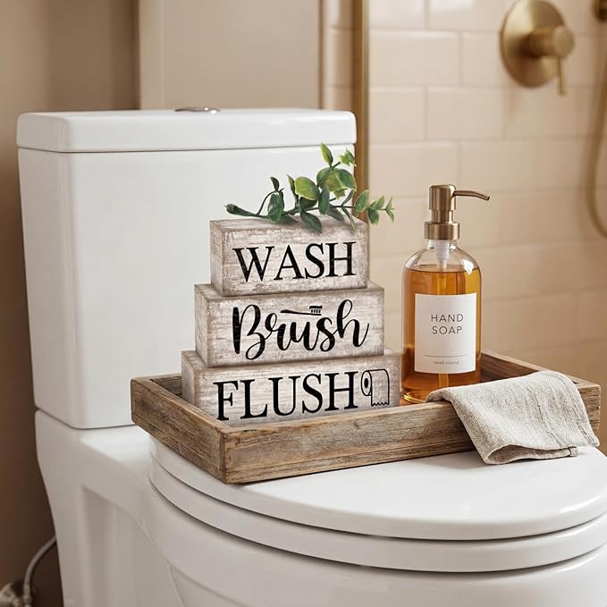 Moucuny 4 Pcs Farmhouse Table Decor Bathroom Wooden Signs Rustic Eucalyptus Leaves Wooden Block Sign Gift Wash Brush Flush Farmhouse Table Centerpiece for Living Room Housewarming Gift
