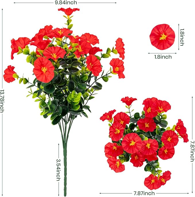 Nigirior Artificial Faux Flowers for Outdoor 16 Bundles Boxwood Fake Morning Glory for Planter,UV Resistant Fake Flowers for Home Porch Patio Outside（Red）