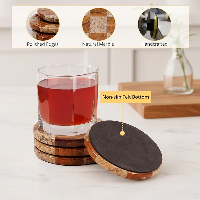 Marble Coasters Set of 4, Coral & Red Handmade 4 inch Round Natural Marble Coaster, Elegant Drink Checkered Coaster Plates for Coffee Table, Stylish Bar Accessories & Home Décor