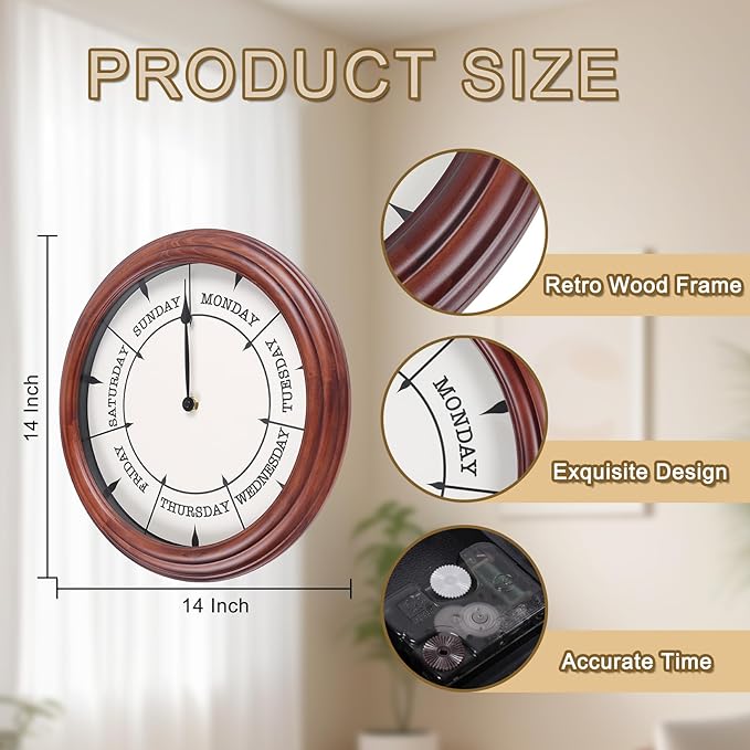 Day of The Week Clock 14Inch Retirement Wall Clock with Wood Frame Day Wall Clock for Men Women (Dark Reddish Brown)