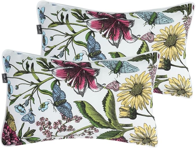 Waterproof Outdoor Lumbar Pillow Covers Set of 2,Home Decor for Garden Patio Furniture,Couch,Sofa 12"x20" Inch Decorative Pillows Cover Only,NO Insert(Butterfly Flower)