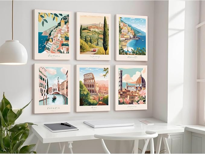 Tocliky Italian Italy Wall Art Decor Amalfi Coast Travel Poster Italy City Canvas Wall Art Vintage Landscape Beach Painting Artwork Modern for Bedroom Living Room 12x16 Prints Wrapped Canvas Set of 6