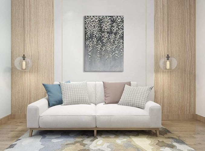 zoinart 3D Oil Painting on Canvas, 28x40 inch Hand Painted Abstract White Flowers/Floral Paintings Grey Artwork Modern Canvas Wall Art Wall Decor Framed Ready to Hang