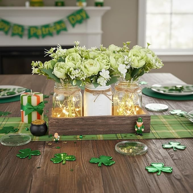 Mkono Mason Jar Lights Centerpiece Table Decorations for Dining Room Farmhouse Coffee Table Decor, Wood Tray with 3 Jars Flowers for St. Patrick's Day, Easter, Spring Home Decor