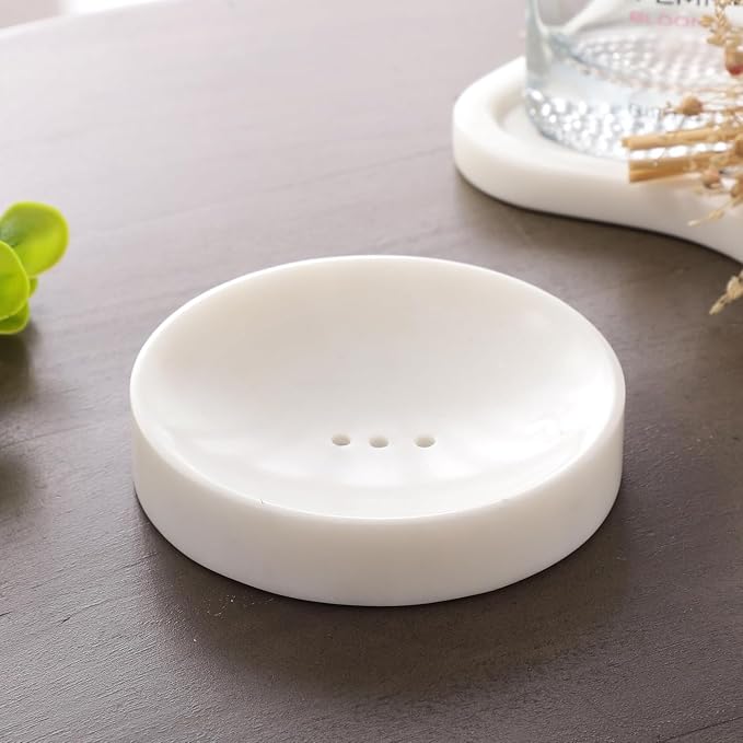 NikkisPride Elegant Round Marble Soap Dish – White Marble Circular Soap Holder for Bathroom Vanity, Shower & Sink