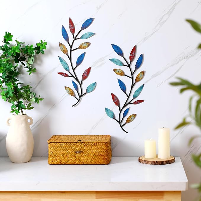Zhengmy 2 Pieces Metal Tree Leaf Wall Decor Vine Olive Branch Leaf Wall Art Living Room, Hallway Wall Decor Outdoor Decoration(Elegant Color)